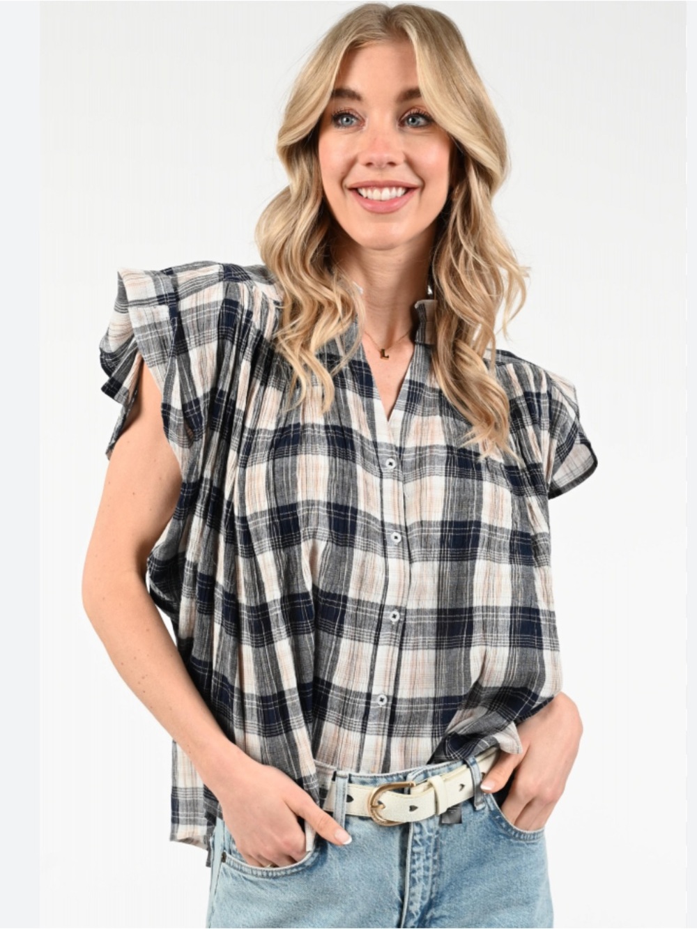 NWOT Summum Ruffled Plaid Button-Down Shirt - Navy & Cream